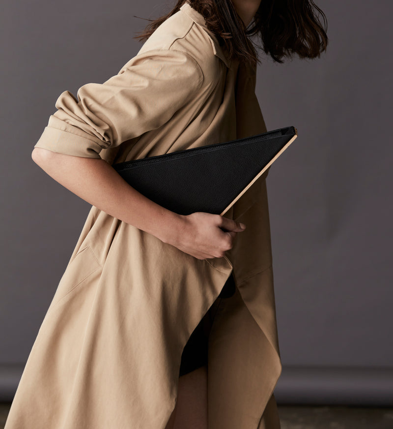 AMPERSAND AS APOSTROPHE fashionable soft black summer leather wooden clutch women's artsy lightweight statement under arm piece bag