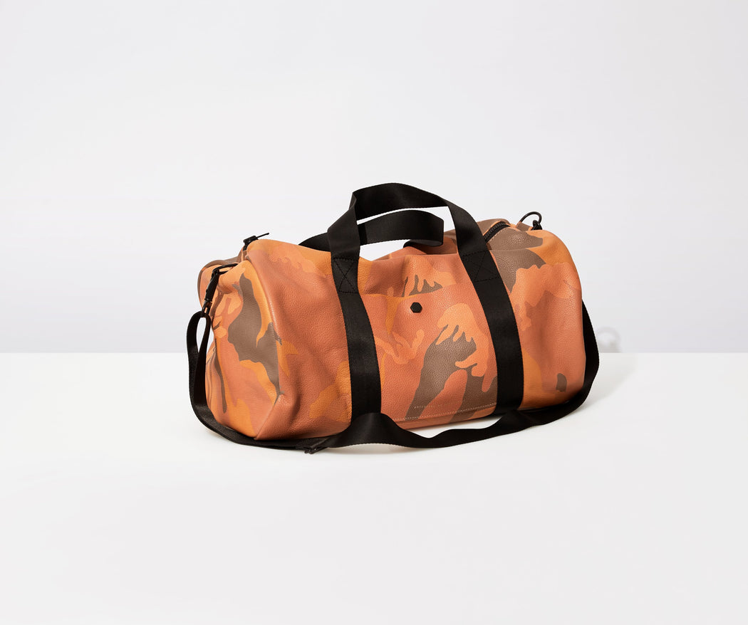 AMPERSAND AS APOSTROPHE fashionable orange camo cantaloupe summer leather duffle women's men’s nylon webbing shoulder strap lightweight twin carry handles large everyday travel bag